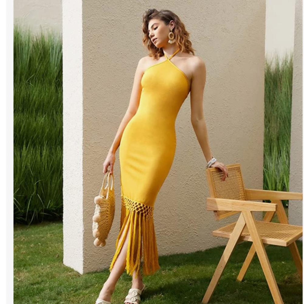 Mustard Yellow Bodycon Frayed Fringe Maxi Dress